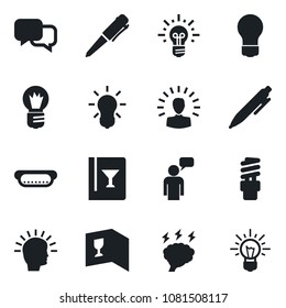 Set of vector isolated black icon - speaking man vector, pen, brainstorm, bulb, dialog, wine card, hot dog, energy saving, shining head, idea