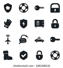 Set of vector isolated black icon - plane radar vector, alarm car, safe, lock, glove, boot, hose, shield, protect, key, home, crisis management