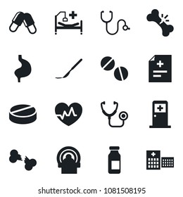 Set of vector isolated black icon - medical room vector, heart pulse, diagnosis, stethoscope, pills, ampoule, scalpel, tomography, hospital bed, stomach, broken bone