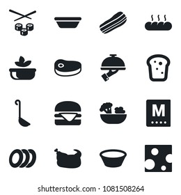 Set of vector isolated black icon - menu vector, salad, plates, bacon, waiter, bread, chicken, steak, hamburger, ladle, bowl, sushi, cheese