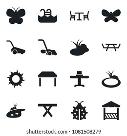 Set of vector isolated black icon - cafe vector, lawn mower, butterfly, lady bug, sun, pond, picnic table, pool, restaurant, alcove