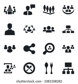 Set of vector isolated black icon - spoon and fork vector, speaking man, team, group, user, company, hr, meeting, client search, social media, hierarchy