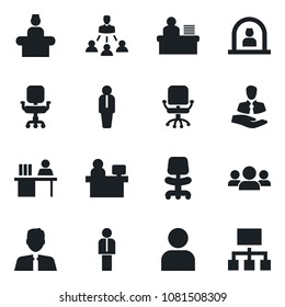 Set of vector isolated black icon - reception vector, manager, office chair, place, client, user, desk, hierarchy, estate agent, group
