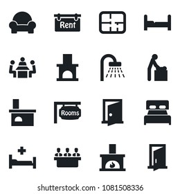 Set of vector isolated black icon - baby room vector, shower, fireplace, hospital bed, meeting, plan, rent, rooms, bedroom, cushioned furniture, door