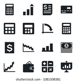 Set of vector isolated black icon - credit card vector, growth statistic, calculator, crisis graph, receipt, bar, wallet, cash, presentation