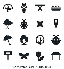 Set of vector isolated black icon - umbrella vector, sun, flower in pot, ripper, tree, butterfly, lady bug, seedling, rain, plant label, picnic table, tulip