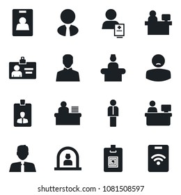 Set of vector isolated black icon - reception vector, manager, identity card, place, patient, user, desk, estate agent, pass