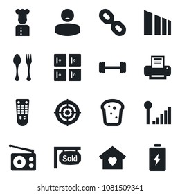 Set of vector isolated black icon - spoon and fork vector, checkroom, barbell, patient, sorting, radio, remote control, chain, cellular signal, target, printer, sold signboard, sweet home, cook
