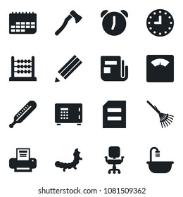 Set of vector isolated black icon - safe vector, document, rake, axe, caterpillar, thermometer, scales, clock, term, news, alarm, abacus, office chair, printer, pencil, bathroom