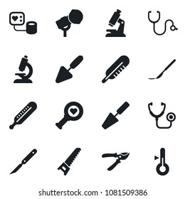 Set of vector isolated black icon - trowel vector, pruner, saw, stethoscope, blood pressure, thermometer, heart diagnostic, microscope, scalpel, microphone