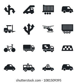 Set of vector isolated black icon - taxi vector, alarm car, fork loader, ladder, helicopter, ambulance, bike, route, truck trailer, delivery, moving
