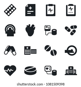 Set of vector isolated black icon - heart pulse vector, diagnosis, blood pressure, pills, blister, tomography, real, clipboard, hospital