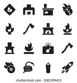 Set of vector isolated black icon - bomb in case vector, fire, hose, axe, fireplace, flammable, flame disk, candle, rocket