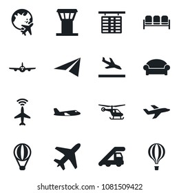 Set of vector isolated black icon - plane vector, airport tower, radar, arrival, waiting area, ladder car, helicopter, flight table, globe, paper, air balloon