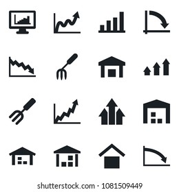 Set of vector isolated black icon - crisis graph vector, garden fork, warehouse storage, monitor statistics, bar, arrow up, growth
