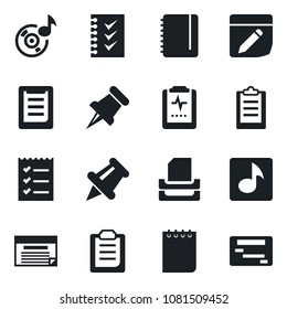 Set of vector isolated black icon - notepad vector, pulse clipboard, paper pin, notes, music, checklist, tray, schedule