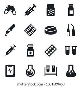 Set of vector isolated black icon - syringe vector, blood test vial, dropper, pills, bottle, blister, ampoule, pulse clipboard, flask