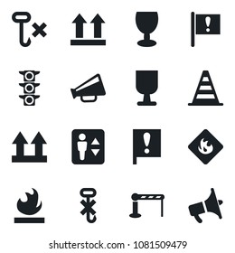 Set of vector isolated black icon - barrier vector, elevator, border cone, important flag, traffic light, fragile, up side sign, no hook, flammable, loudspeaker