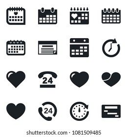 Set of vector isolated black icon - calendar vector, heart, medical, 24 hours, clock, schedule