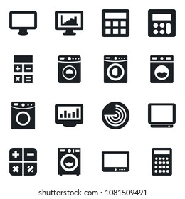 Set of vector isolated black icon - washer vector, radar, calculator, tv, monitor, statistics