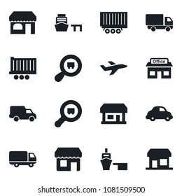 Set of vector isolated black icon - shop vector, store, plane, truck trailer, car delivery, sea port, search cargo, storefront