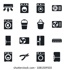 Set of vector isolated black icon - washer vector, bucket, pruner, air conditioner, fridge