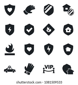 Set of vector isolated black icon - alarm car vector, glove, heart shield, flammable, protect, estate insurance, vip zone, home