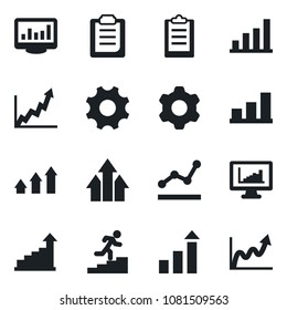 Set of vector isolated black icon - growth statistic vector, settings, clipboard, monitor statistics, bar graph, point, career ladder, arrow up