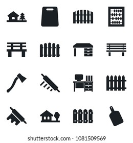Set of vector isolated black icon - abacus vector, desk, fence, axe, bench, house with tree, rolling pin, cutting board