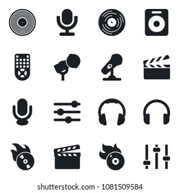Set of vector isolated black icon - clapboard vector, vinyl, flame disk, microphone, remote control, headphones, speaker, tuning