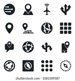 Set of vector isolated black icon - plane radar vector, route, navigation, pin, mobile tracking, network, menu, compass