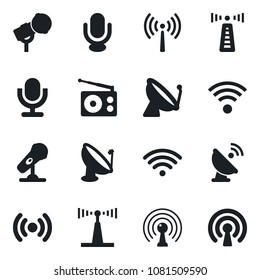 Set of vector isolated black icon - antenna vector, satellite, microphone, radio, wireless