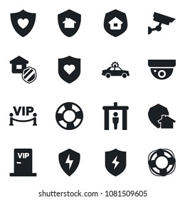 Set of vector isolated black icon - security gate vector, alarm car, heart shield, protect, estate insurance, vip zone, home, surveillance, crisis management