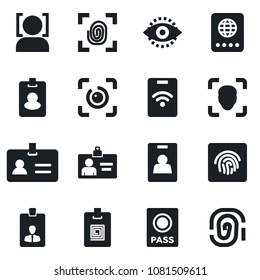 Set of vector isolated black icon - passport vector, identity, card, face id, eye, fingerprint, pass