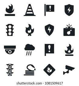 Set of vector isolated black icon - bomb in case vector, border cone, storm cloud, fire, hose, important flag, traffic light, flammable, protect, surveillance