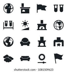 Set of vector isolated black icon - clouds vector, fireplace, blood test vial, earth, brightness, cushioned furniture, flag