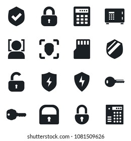 Set of vector isolated black icon - safe vector, shield, protect, sd, lock, face id, key, combination