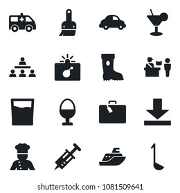 Set of vector isolated black icon - suitcase vector, passport control, bomb in case, boot, syringe, ambulance car, sea shipping, delivery, themes, download, hierarchy, cook, drink, cocktail, ladle