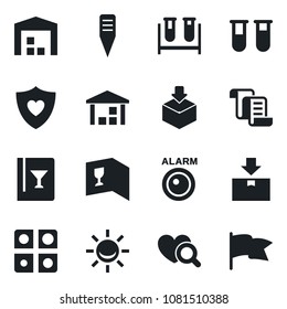 Set of vector isolated black icon - contract vector, plant label, blood test vial, heart diagnostic, shield, warehouse, package, application, wine card, alarm led, flag