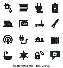 Set of vector isolated black icon - saw vector, house with tree, sold signboard, office building, bathroom, heater, home control, power plug, wireless lock, router, jalousie, police, battery