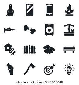 Set of vector isolated black icon - clouds vector, boarding, mobile phone, fence, fire, well, axe, bench, joint, broken bone, speaker, themes, music, estate insurance, idea