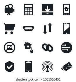 Set of vector isolated black icon - no laptop vector, mobile phone, shield, antenna, video camera, cell, chain, network, data exchange, download, calculator, hot dog, home control, app, cart, mail