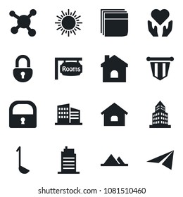 Set of vector isolated black icon - sun vector, pennant, house, heart hand, molecule, lock, office building, blank box, mountains, rooms, city, ladle, paper plane