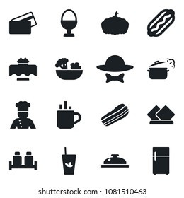 Set of vector isolated black icon - hot cup vector, pumpkin, cook, restaurant table, reception, phyto bar, salad, bacon, egg stand, salt and pepper, dress code, credit card, dog, steaming pan