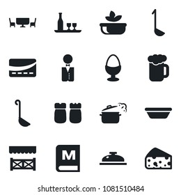 Set of vector isolated black icon - waiter vector, alcohol, menu, reception, beer, salad, egg stand, salt and pepper, cafe table, alcove, credit card, ladle, bowl, steaming pan, cheese