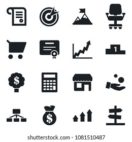 Set of vector isolated black icon - target vector, arrow up graph, motivation, money bag, growth, office chair, investment, cart, calculator, hierarchy, certificate, pedestal, contract, tree