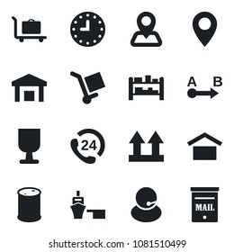 Set of vector isolated black icon - baggage trolley vector, navigation, pin, 24 hours, support, clock, sea port, fragile, cargo, warehouse storage, up side sign, oil barrel, route, rack, mailbox