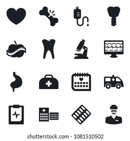 Set of vector isolated black icon - heart vector, monitor pulse, doctor case, dropper, microscope, pills blister, ambulance car, stomach, tooth, implant, broken bone, medical calendar, clipboard