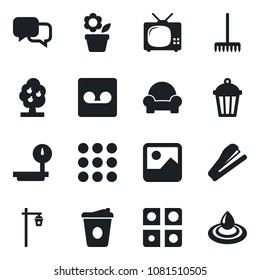 Set of vector isolated black icon - coffee vector, flower in pot, rake, garden light, heavy scales, dialog, menu, gallery, record, application, stapler, fruit tree, cushioned furniture, tv, water