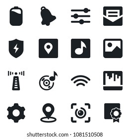Set of vector isolated black icon - antenna vector, gallery, protect, settings, tuning, bell, mail, scanner, wireless, place tag, eye id, music, battery, sertificate